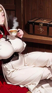 Languid Reading in a Gothic Library, White Robe and Red Cape, Hand Resting Gracefully with Half-closed Eyes.