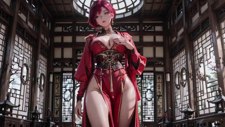 Seraphina Vale: Purple-haired War Maiden in High-slit Kimono, Kneeling to Tease Your...