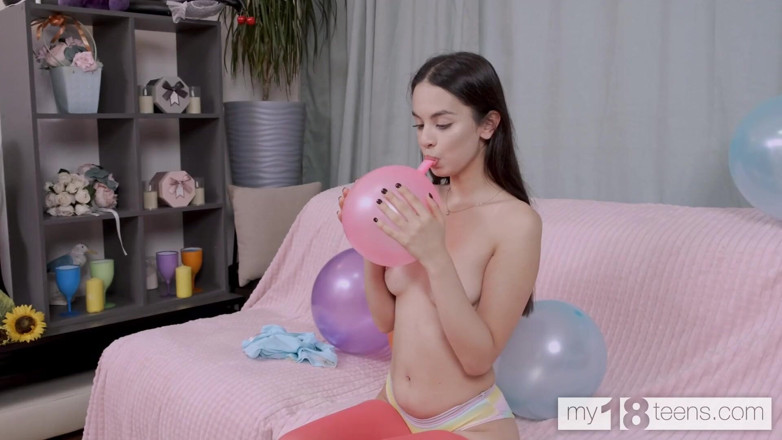 My 18 Teens: My18teens - Skinny Brunette Girl Blows up Colorful Balloons and Masturbates
