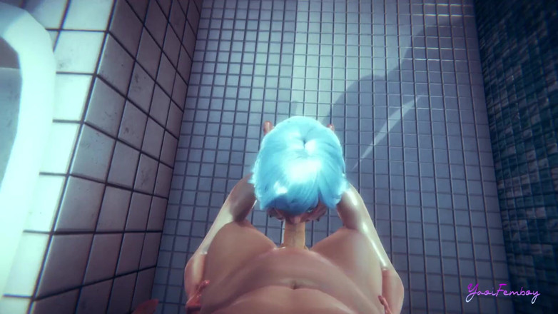 Yaoitube: Yaoi Femboy в синем видео от первого лица, сосет хуй и без презерватива в душе