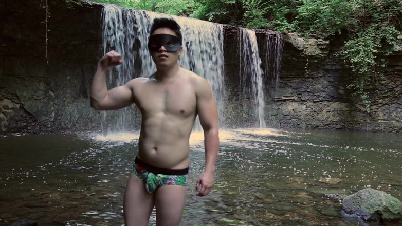 Barenakedmuscles: Muscular Asian Hunk Flexes in Speedo by Waterfall - Tight Ass &amp;...