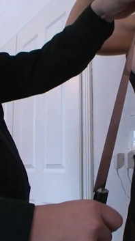Stretching humiliating and whipping with slave