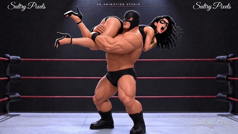 Sultry Pixels 3D: Maskierte Superheldin in strap-heels in bearhugs und ankle Locks erwischt -...