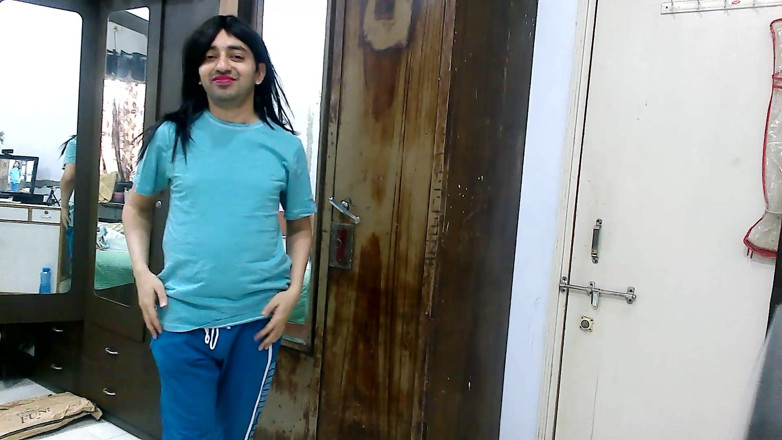 Cute & Nude Crossdresser: Sweet sissy crossdresser femboy in boyfriend's loungewear.
