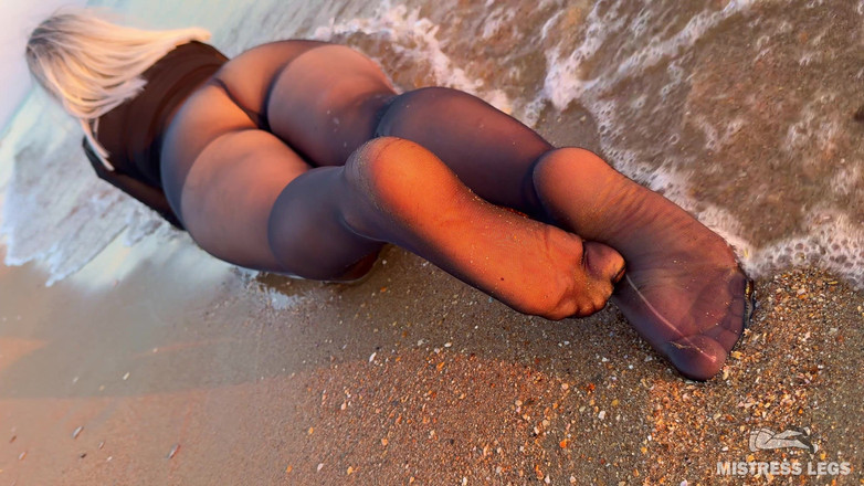 Mistress Legs: Sea Waves Gently Kiss the the Goddess Feet in Black...