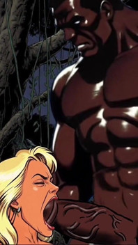Sexy blanke vrouw proeft een grote zwarte pik in het bijzijn van haar cuckold-echtgenoot. Cartoon stripverhaal