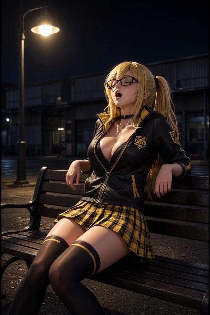 Wertstofsamler: Anime Gaming Cosplay Blonde on Bench Behind Fairgrounds