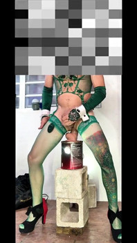 Cute Green Stocking Shemale Outdoor Exhibition Jumping Insight Dildo Anal