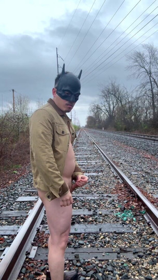 Rain-soaked Railroad Exhibition Muscular Asian Hunk Strips, Flexes, Cums Hard & Marks His Territory