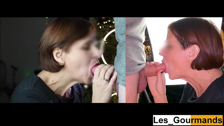 Les Gourmands: 4k - 口红熟女的特写双视图提供美妙的口交和吞精