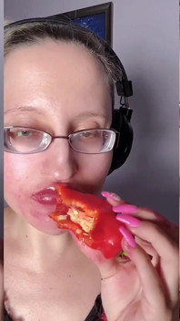 Asmr Paprika Pepper Eating - Asmr, Eye Glasses, Gianess, Lipstick, Big Lips, Mouth, Food, Face Fetish, Long Nails