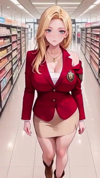 Costume rouge blonde ; De la promenade dans un supermarché à l’orgasme paresseux, elle met même ses jambes sur le bureau ?