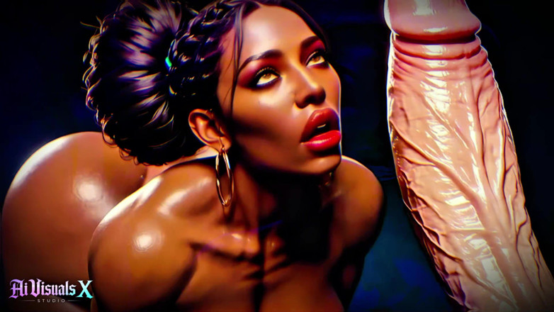 AI Visuals X: Büyük memeli ve götlü zenci tanrıçalar - beyaz yarak ibadeti karanlık...