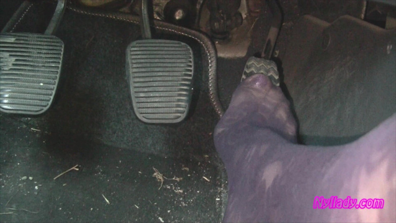 Nyllady: Nyllady's Footjob to Gearshift and Wheel in Patterned Pantyhose
