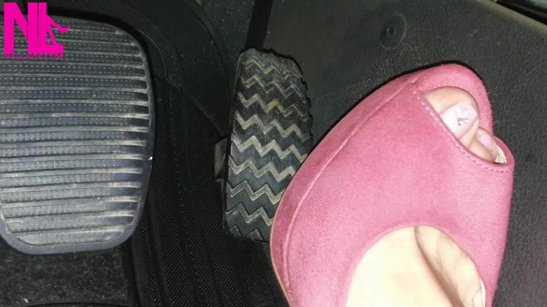 Nyllady: Barefoot Driving and Revving in Vivid Pink High Heeled Sandals