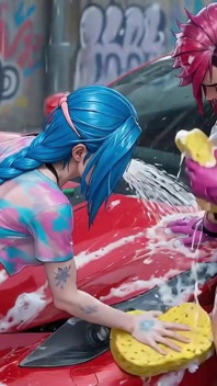 Jinx i ja widzieliśmy, jak myje czerwone Ferrari mokre i pieniste
