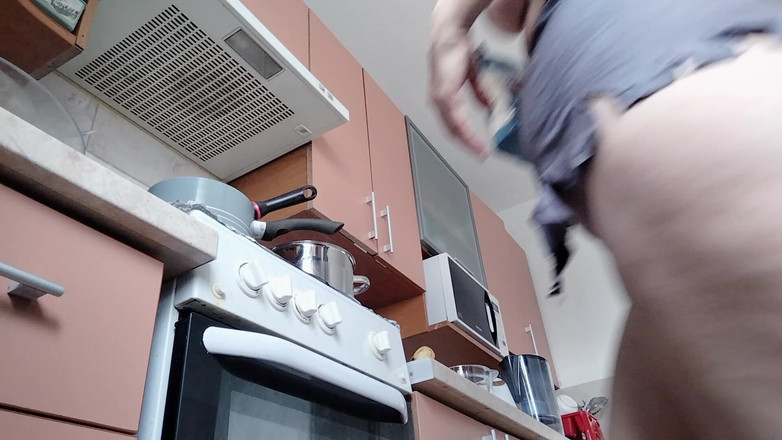 Mirsur: Sexy Naked Wife Preparing Food in the Kitchen. Hairy Brunette,...