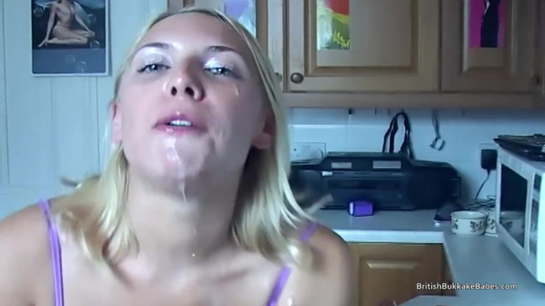 British Bukkake Babes: Blonde Draws Cum Then Eats It off a Donut