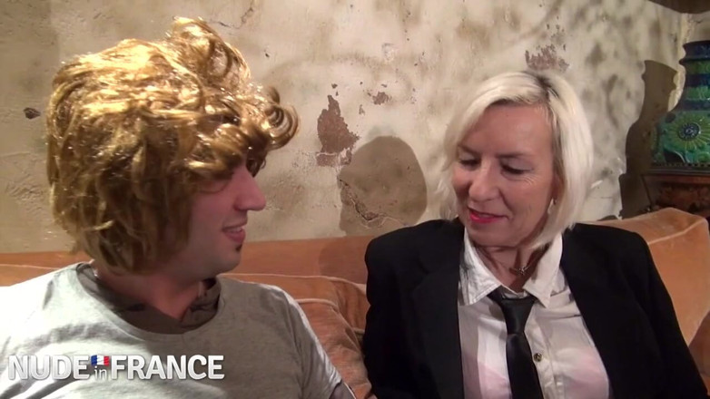 Nude in France: Older blonde slut fucks young guy in woman's wig