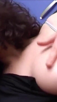 She rubs his hairy pussy and then cum on it