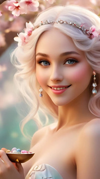 Mulher nua sorrindo segurando Cherry Blossom, vestindo jóias de diamante branco Opal-Pearl - Ai Slideshow