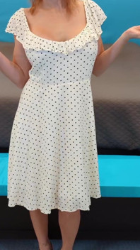 White Dress with Black Polka Dots & Black and Wood High Heels
