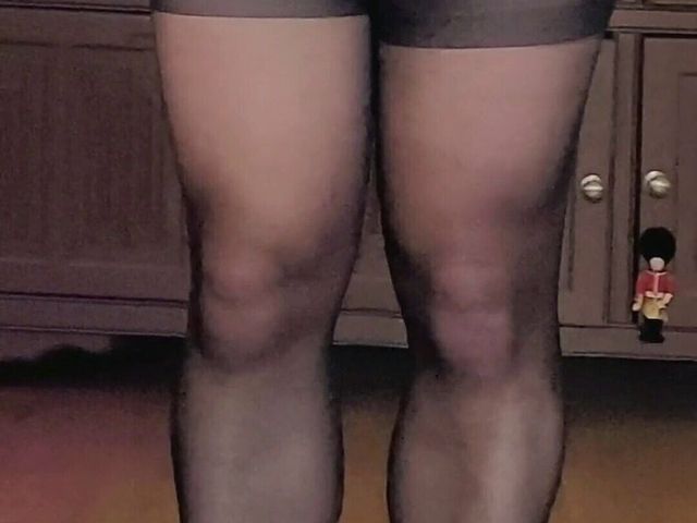 Crossdresser win black tights, heels and dress (Skittle uk)