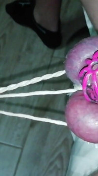 Sissy in Chastity CBT Balls Tied and Stretched Until They Turned Purple