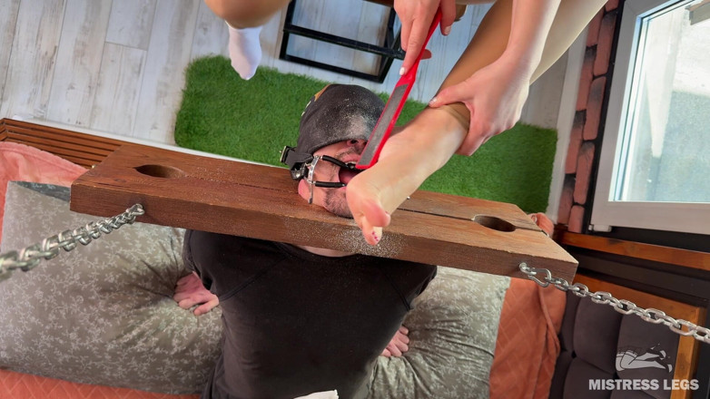 Mistress Legs: Foot Dust Feast Pedicure Scrapings Straight Into Slave's Mouth