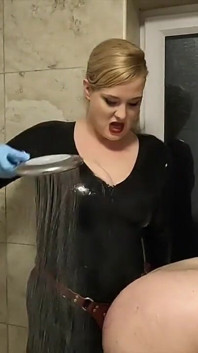 Femdom Anal Slut Strap-on Spitroast in the Shower