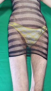 Yellow Plaid Thong and Fishnet Dress