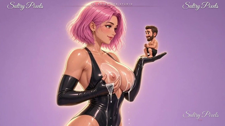 Sultry Pixels 3D: Аніме латексна господиня цілує крихітного чоловіка на долоні, поки молоко капає з її грудей