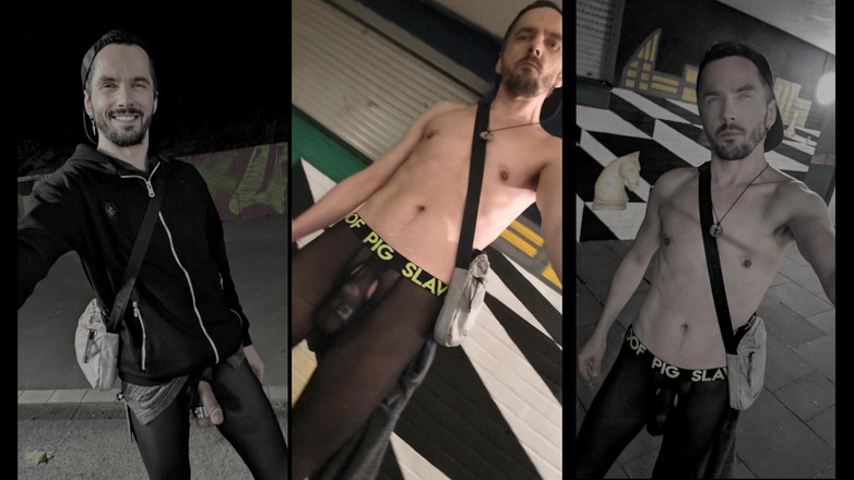 kinkygaynudist: 穿着透视紧身裤穿过城市（隆起的Meggings）