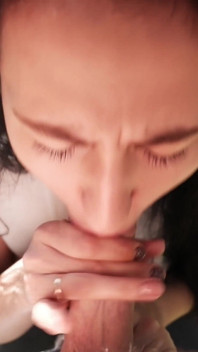 Outdoor submissive blowjob with massive cumshot on her face and eyes