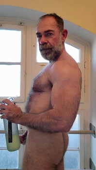 Hairy Muscle Daddy Strokes Uncut Cock