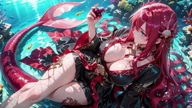 Tay Swift X: Verbotenes Fest im Unterwasserpalast, schwarzer und roter Kimono etwas nass.