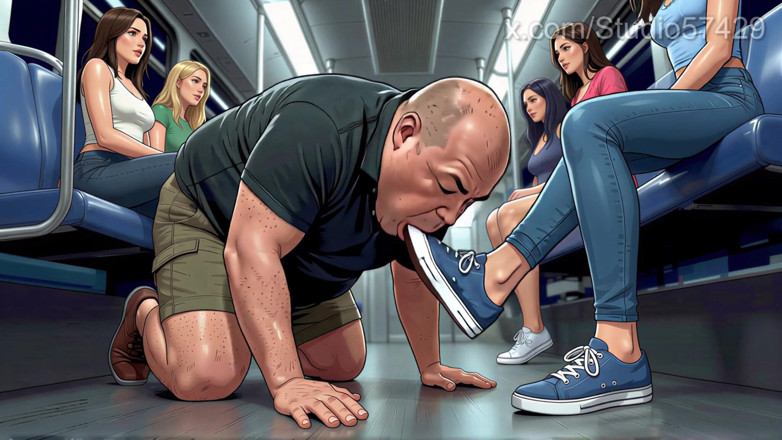 Supreme femdom: Shoe Pervert Licks Women's Shoes on a Crowded Bus