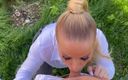 Femdom Sex: Блондинка-шлюшка делает минет со спермой на лице в саду