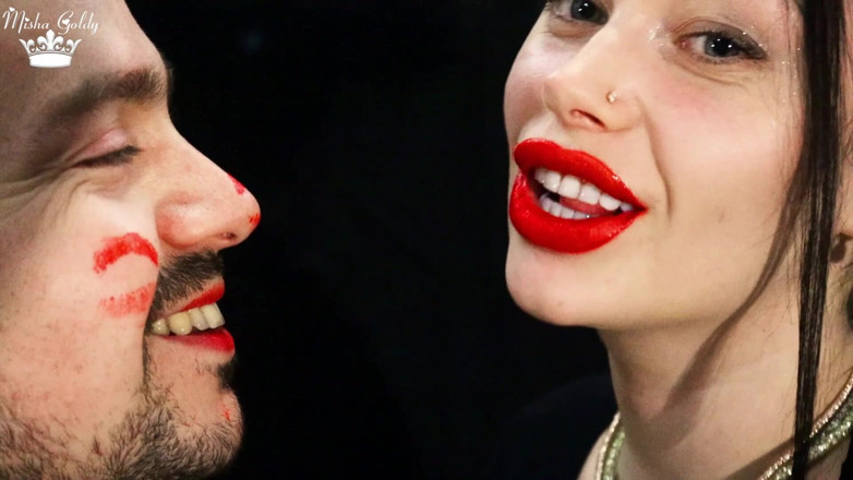 Goddess Misha Goldy: Covering Alex face with red lipsticks kisses
