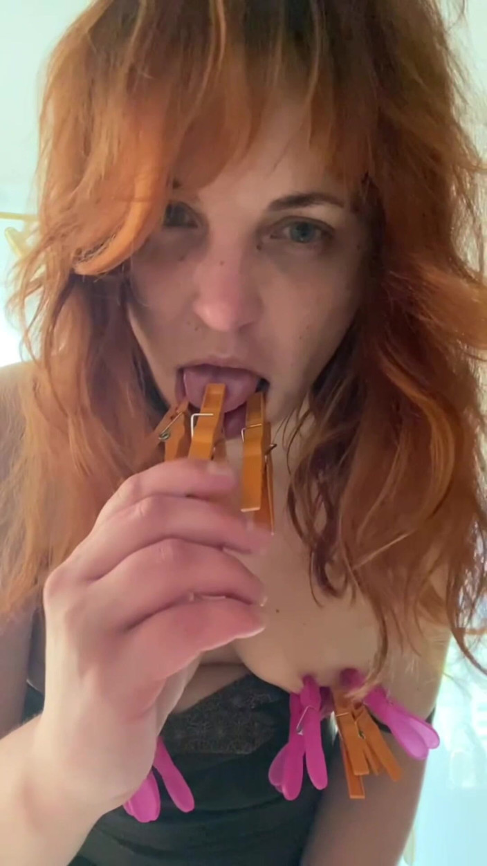 Elena917: Clothespins, Spit, Licking Toilet and Floor Masturbation