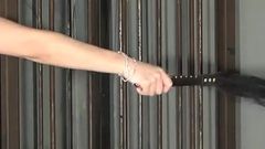 The Dick Spins Like a Top. the Mistress Pulls the String Wrapped Around the Slave's Dick in One Go, Spinning It Like a Top