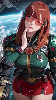 Inside the Sci-fi Train, She Wears a Tight Green Armor, Touching Her Red Lips While Gazing at the Galaxy Through the Porthole.