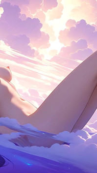 Beautiful Nude Young Woman Immersed in Purple and Emerald Cloud