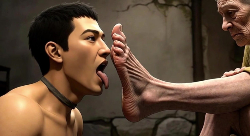 YOUR BEST FANTASY: Male Slave Licking 90 Year Old Granny Wrinkled Feet - Horny Mistress