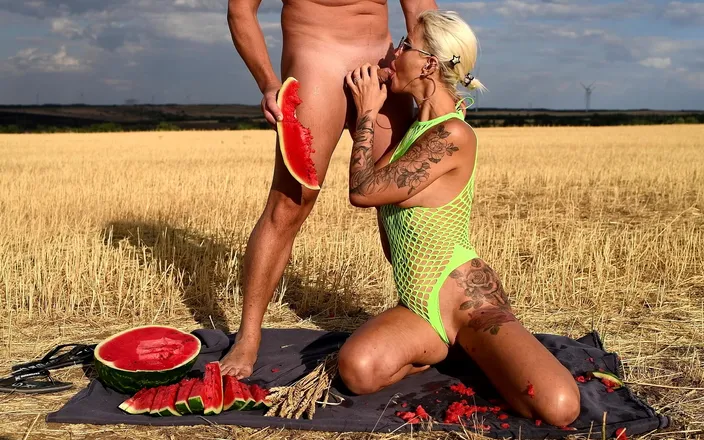 evil-bunny: Delicious Blowjob with Juicy Watermelon Outdoors, Cum in Mouth and...