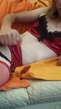 German Sissy Leatransteen Dildoing in a Red Satin Lingerie