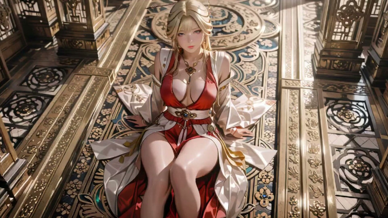 Seraphina Vale: Celestial goddess steigt ab! Rot-weiße hanfu, goldenes Haar, barfuß im...