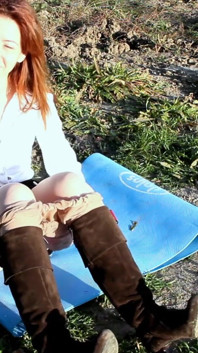 Skinny Redhead Smokes and Takes off Her Pantyhose to Show Her Pussy Outdoor