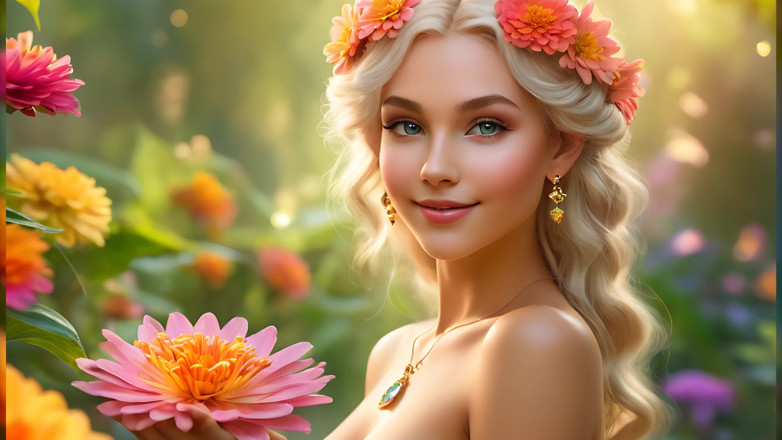 LustRender: Ai Artistic Bogel - Wanita Cantik Memegang Zinnia Dengan-Gold Diamond Jewelry