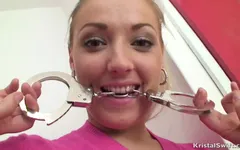 Busty cleaning lady plays with handcuffs